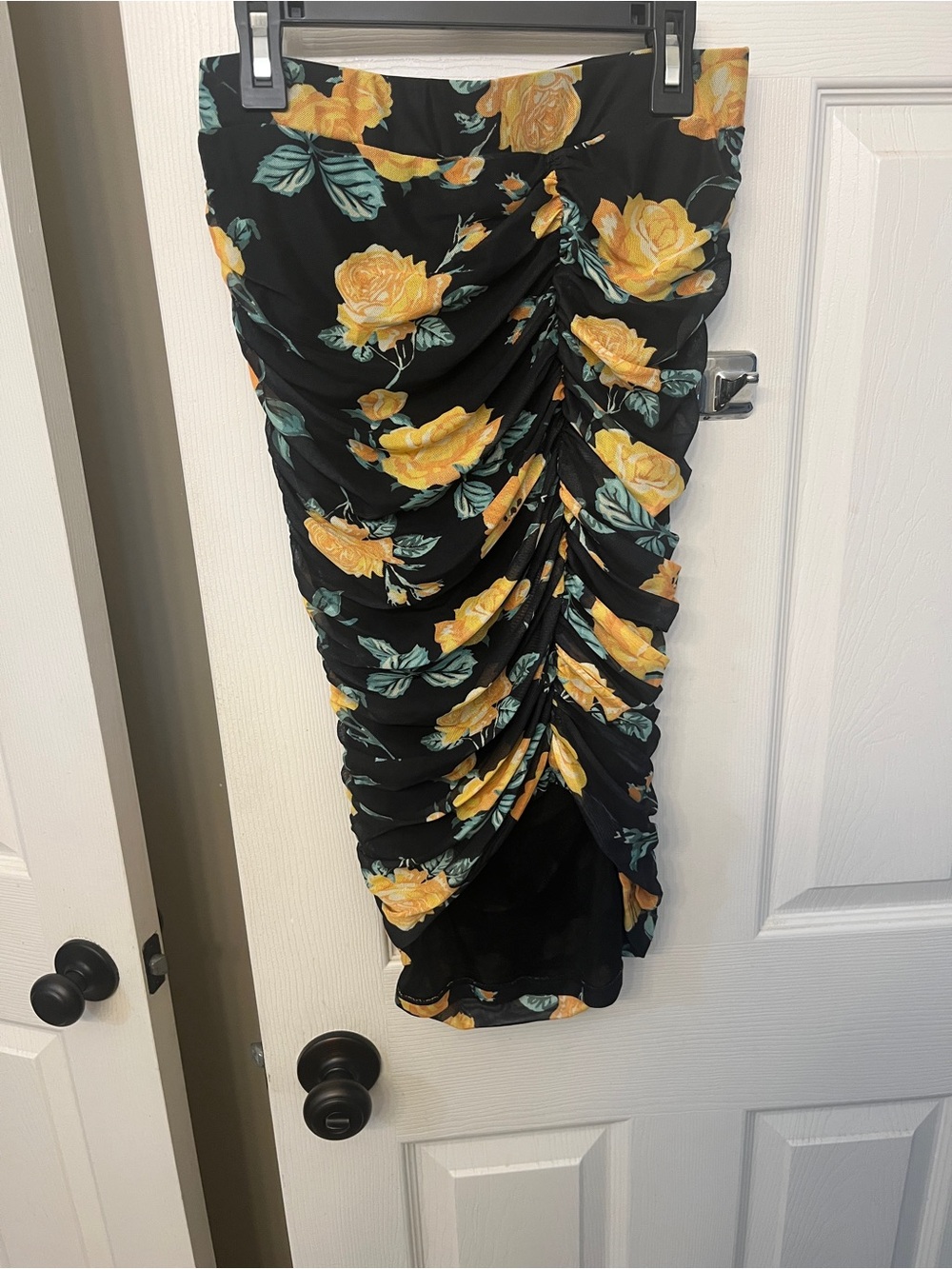 Venus Black Ruched Floral Midi Skirt with Yellow Roses XS